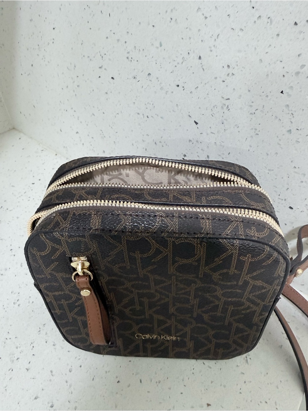 Calvin Klein Brown Monogram Square Crossbody with Tan Strap - Picture 6 of 7